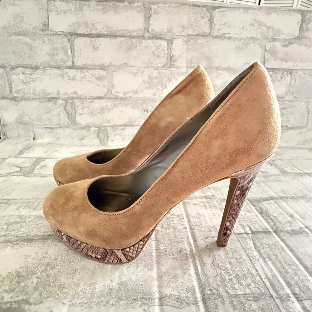Via Neroli Beige Suede Leather High Heel Platform Snake Print Stiletto Pumps 5.5